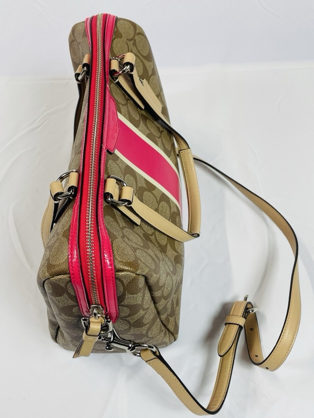 Fair condition Coach Brown Signature Canvas Satchel with Pink Stripe and Tan - Picture 6 of 15